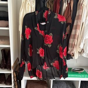 Dolce & Gabbana Black Sheer Blouse with Red Rose Print